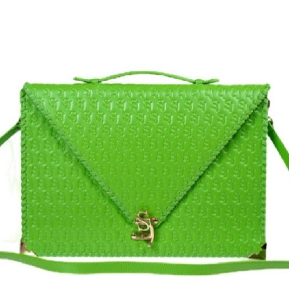 Sassy Jones Neo Green Embossed Leather Laptop Case Oversized Envelope Clutch NEW - Picture 8 of 9